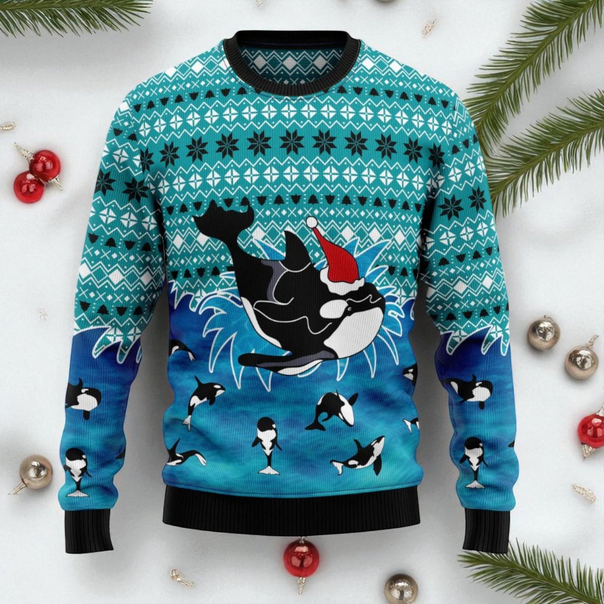Orca Whale Splash Blue Ugly Christmas Sweater Santa Hat Ocean Holiday Knit Jumper