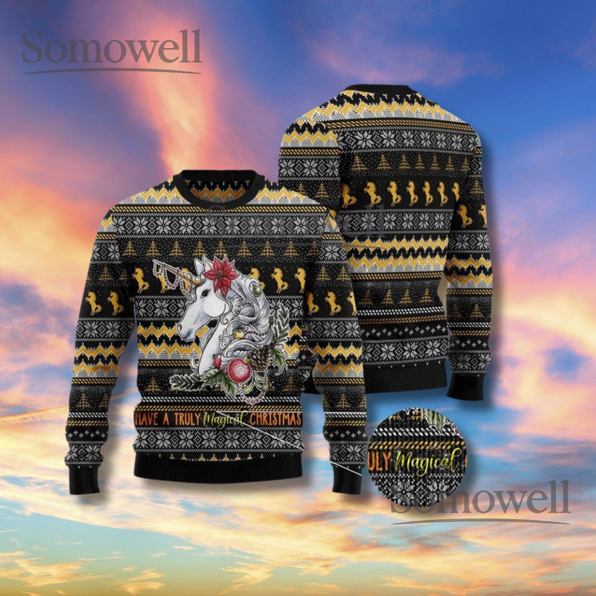 Magical Unicorn Christmas Sweater Black Gold Fair Isle Unisex Ugly Xmas Knit