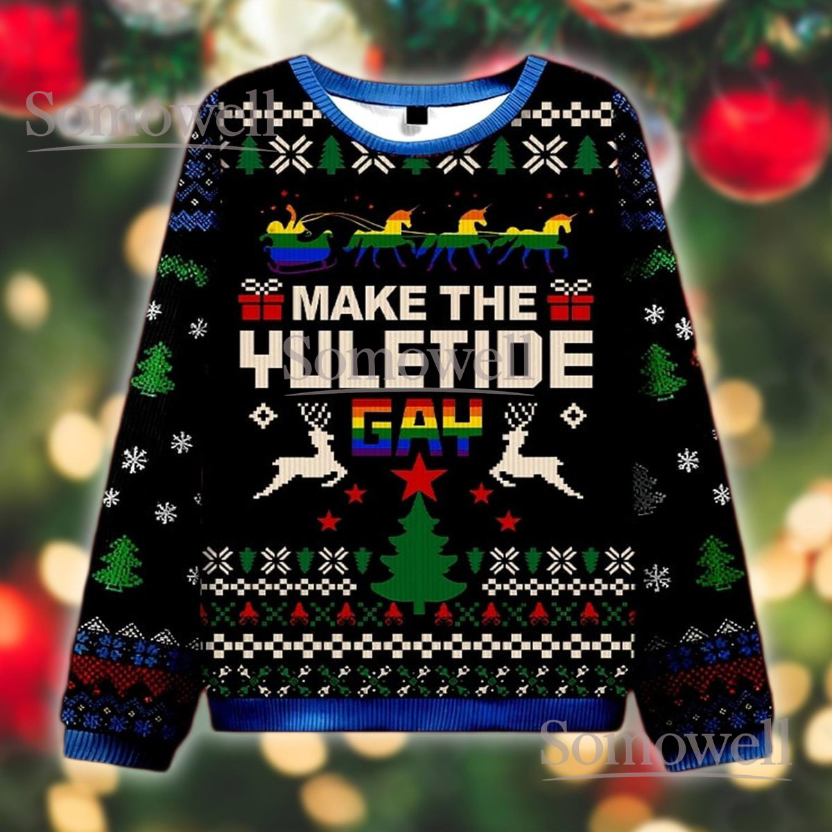 Make The Yuletide Gay Ugly Christmas Sweater Funny Pride Rainbow Holiday Knit Jumper