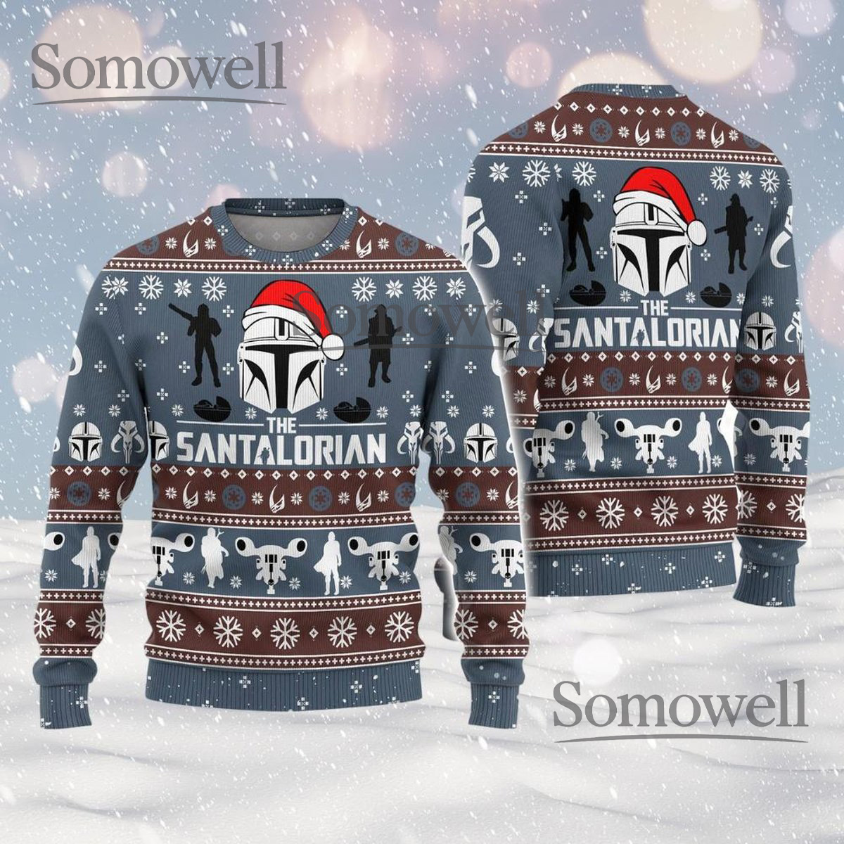Mandalorian Blue Brown Ugly Christmas Sweater Funny Sci Fi Star Wars Holiday Knit Jumper