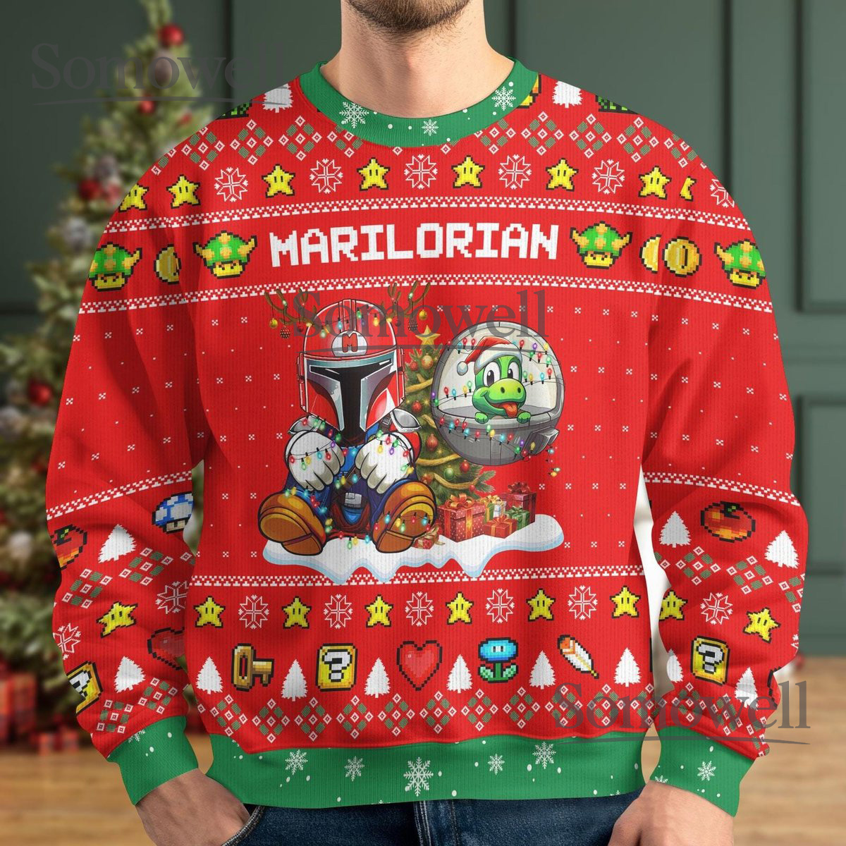Marilorian Red Ugly Christmas Sweater Funny Gamer Mashup Holiday Knit Gift