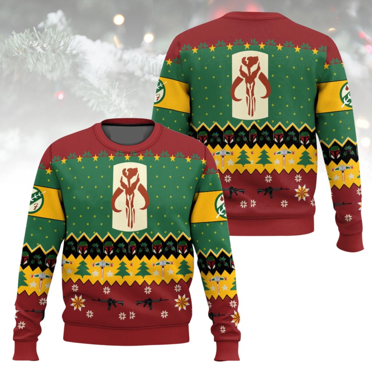 Mandalorian Star Wars Logo Ugly Christmas Sweater Green Red Yellow Jumper