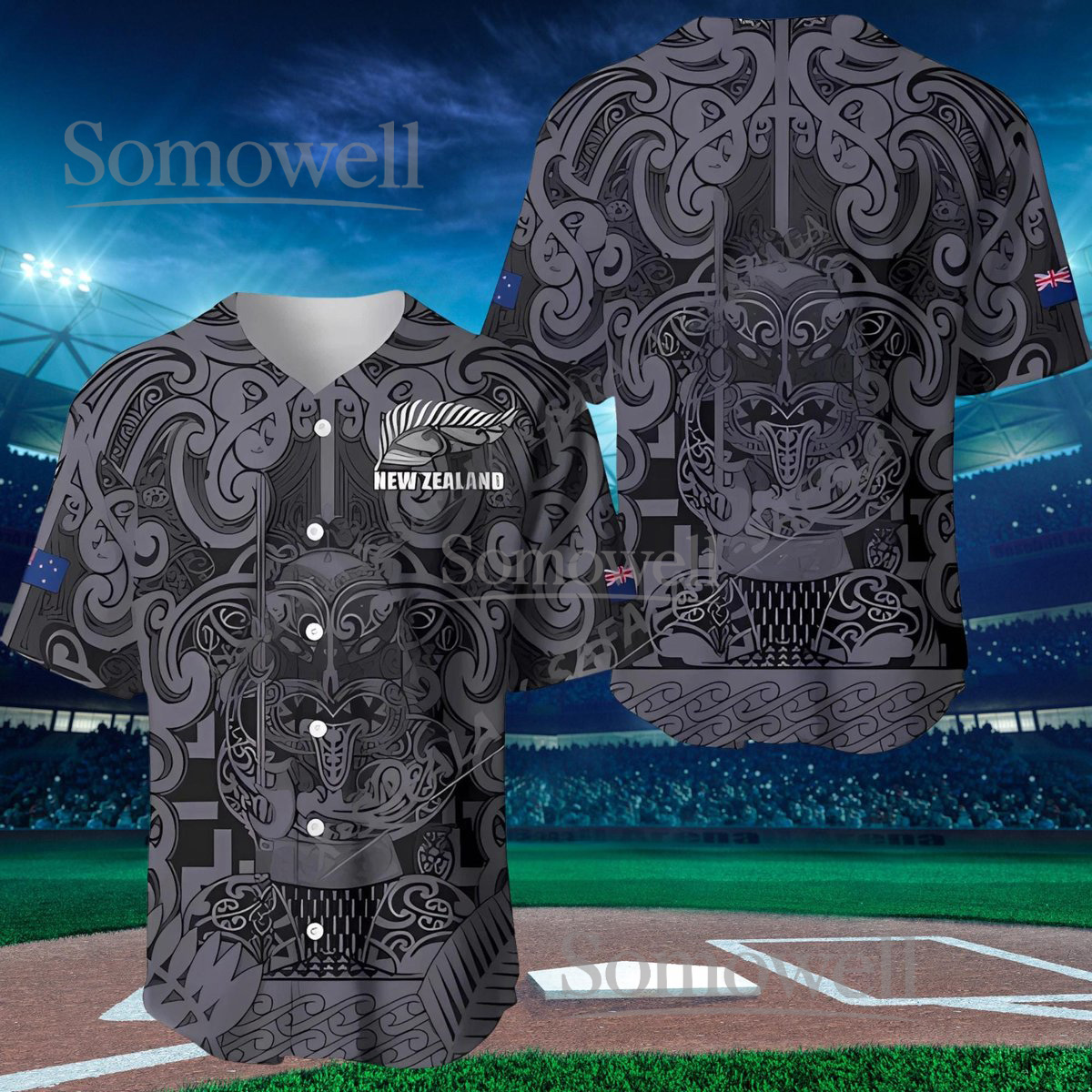 New Zealand Maori Baseball Jersey, Polynesian Tribal Design, Customizable with Team Name Number