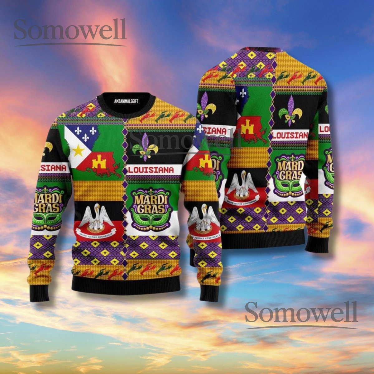 Mardi Gras Louisiana Patchwork Sweater Fleur De Lis NOLA Ugly Christmas Unisex Knit