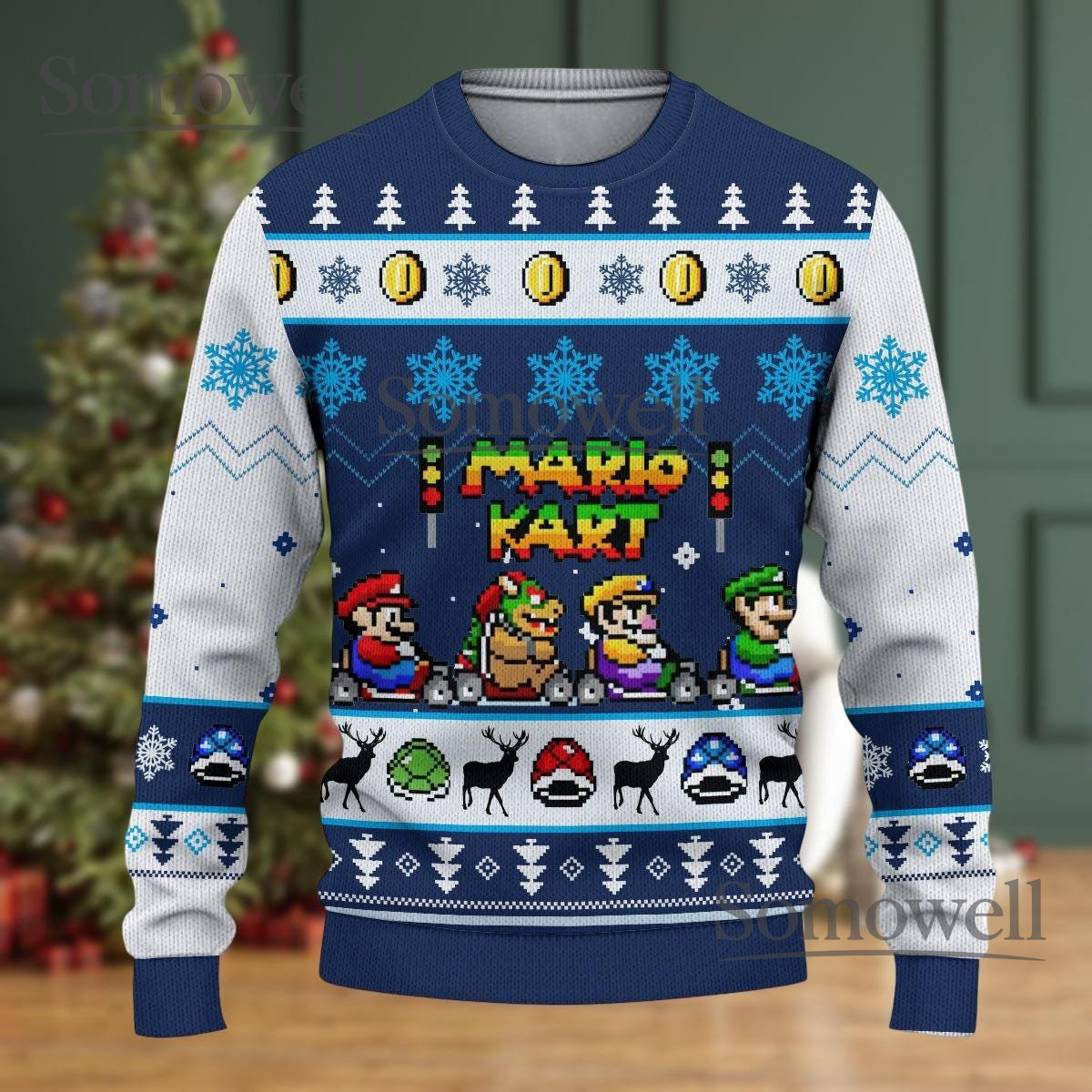 Mario Kart Blue White Ugly Christmas Sweater Gamer Holiday Knit Pullover Gift