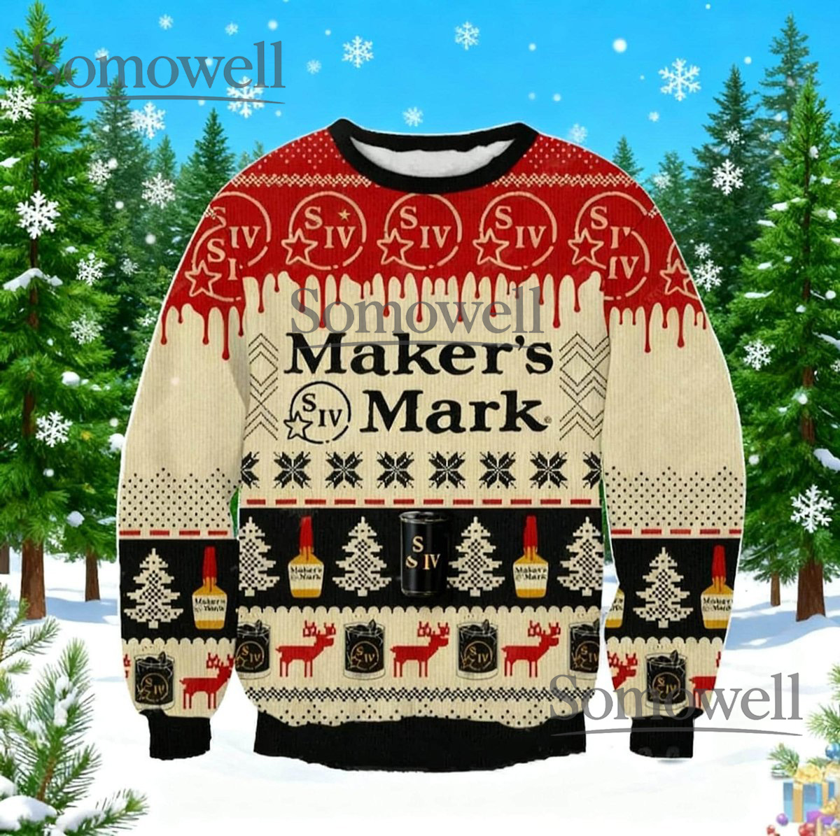 Maker’s Mark Cream Red Ugly Christmas Sweater Whiskey Lovers Holiday Knit Jumper