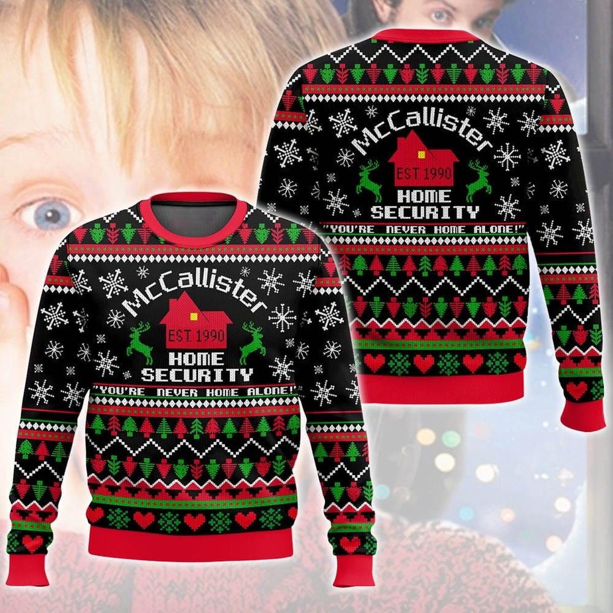 McCallister Home Security Youre Never Home Alone Ugly Christmas Sweater Black Red Jumper