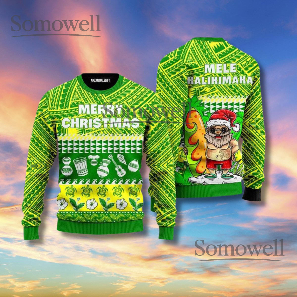 Mele Kalikimaka Green Hawaiian Christmas Sweater Surfing Santa Unisex Ugly Xmas Knit