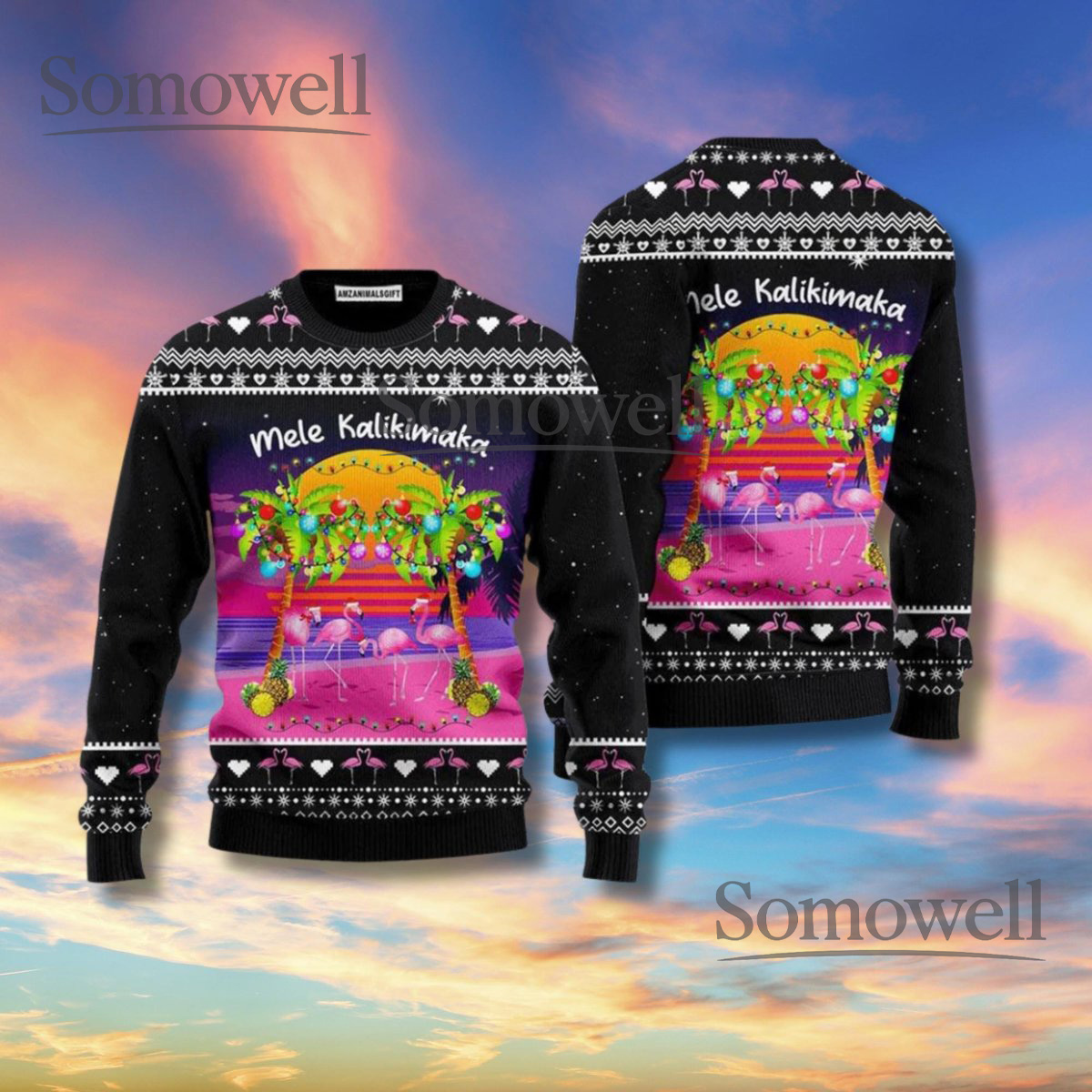 Mele Kalikimaka Hawaiian Christmas Sweater Tropical Flamingo Sunset Unisex Ugly Xmas Knit Gift