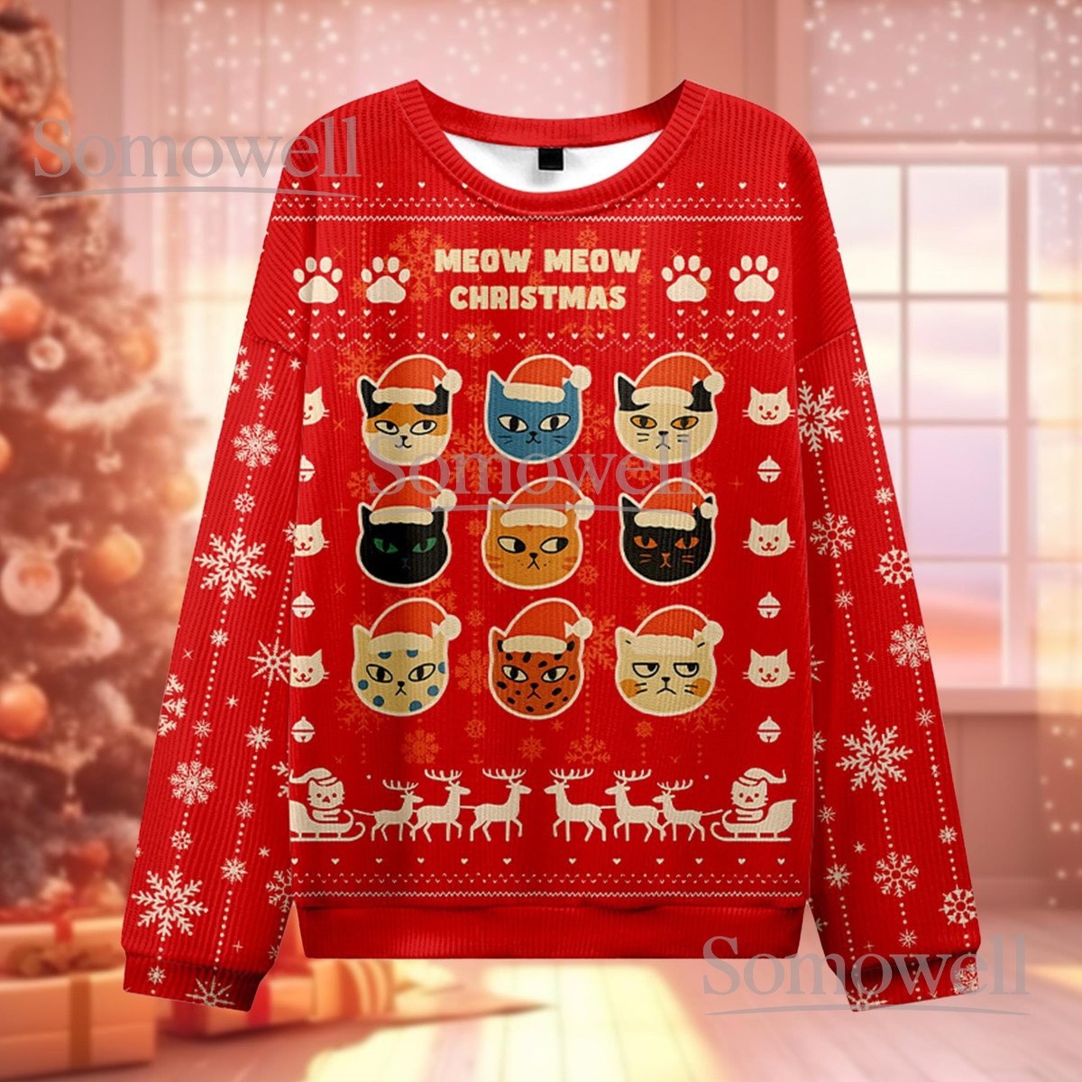 Meow Meow Christmas Cats Ugly Christmas Sweater Funny Cat Lover Holiday Knit Jumper Gift