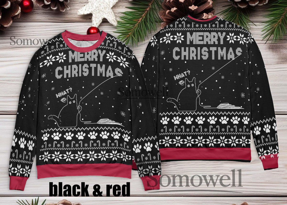 Meowy Christmas Funny Cat Ugly Christmas Sweater Black Red Pet Lovers Edition Multi Color Edition