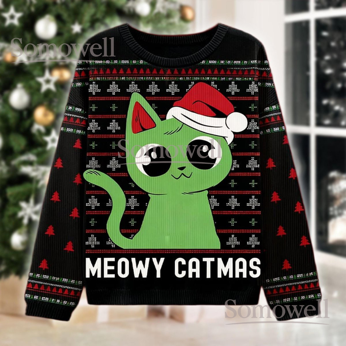 Meowy Catmas Green Cat Ugly Christmas Sweater Funny Cat Lover Holiday Knit Jumper
