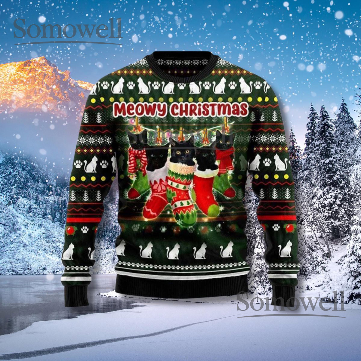 Meowy Christmas Black Cat Ugly Sweater Funny Holiday Knit Jumper