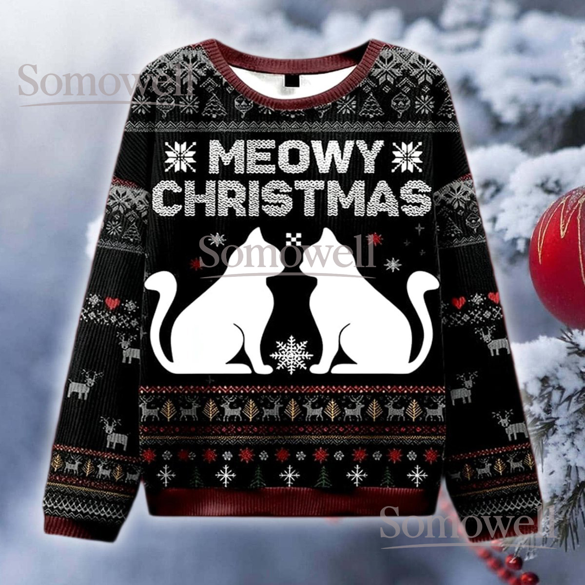 Meowy Christmas Cat Lover Ugly Sweater Black And White Cats Holiday Knit Jumper