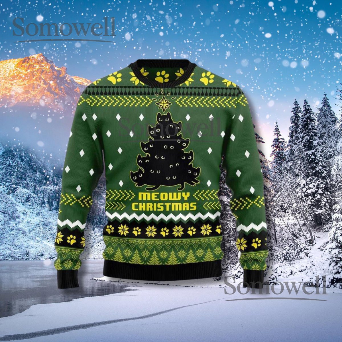 Meowy Christmas Cat Ugly Sweater Green Holiday Cat Tree Pullover