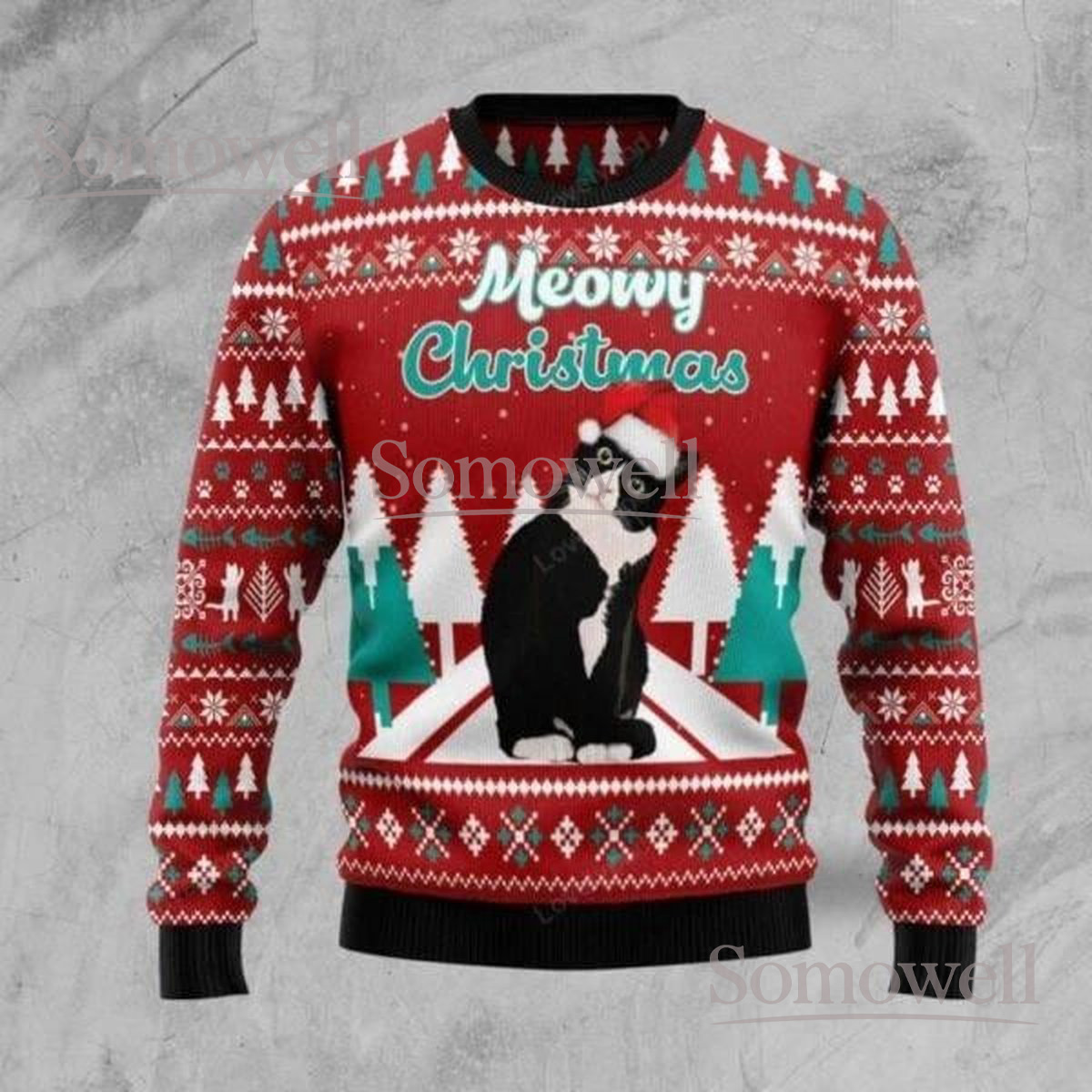 Meowy Christmas Red Cat Ugly Sweater Funny Cat Lover Holiday Knit Jumper Gift