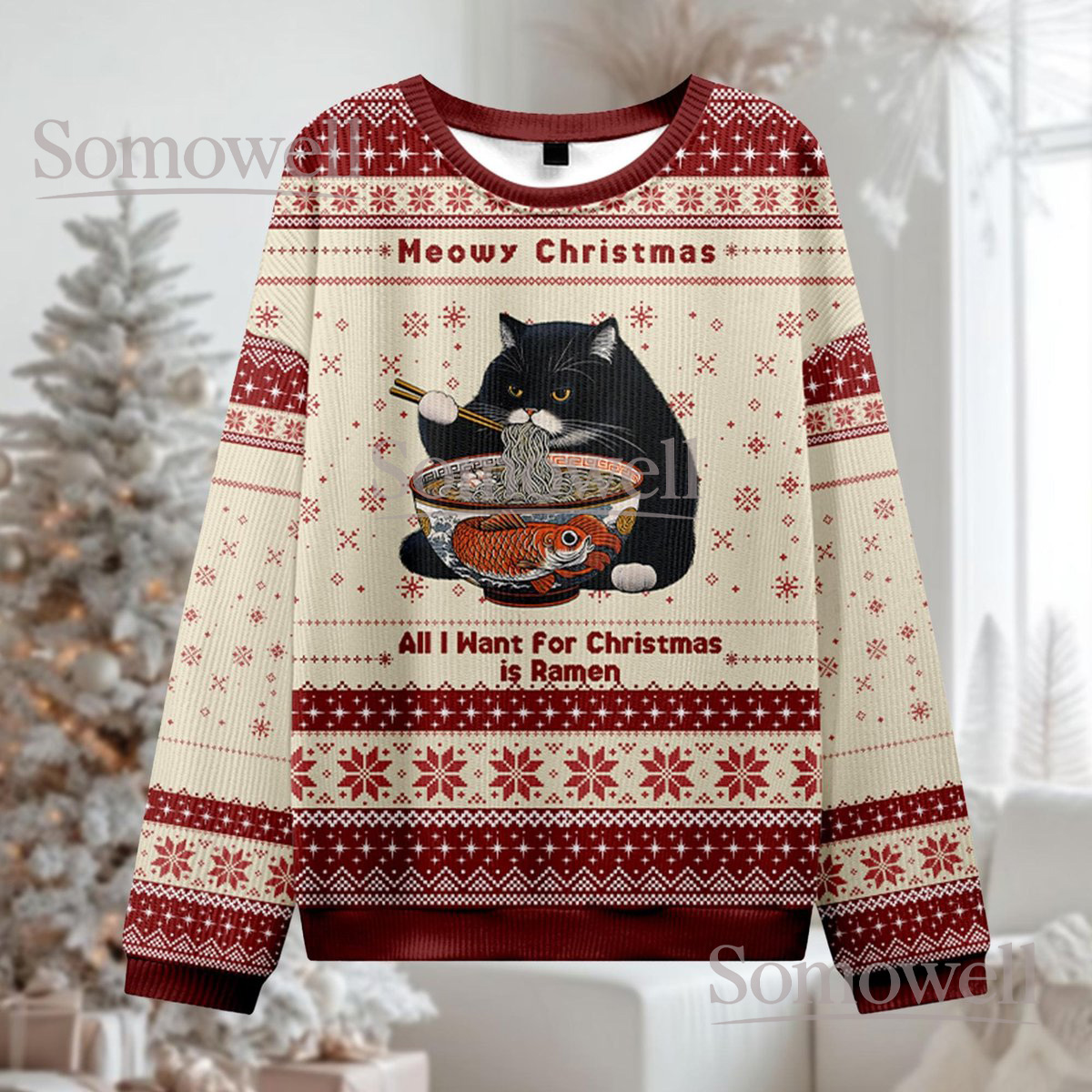 Meowy Christmas All I Want For Christmas Is Ramen Cat Ugly Sweater Funny Holiday Jumper