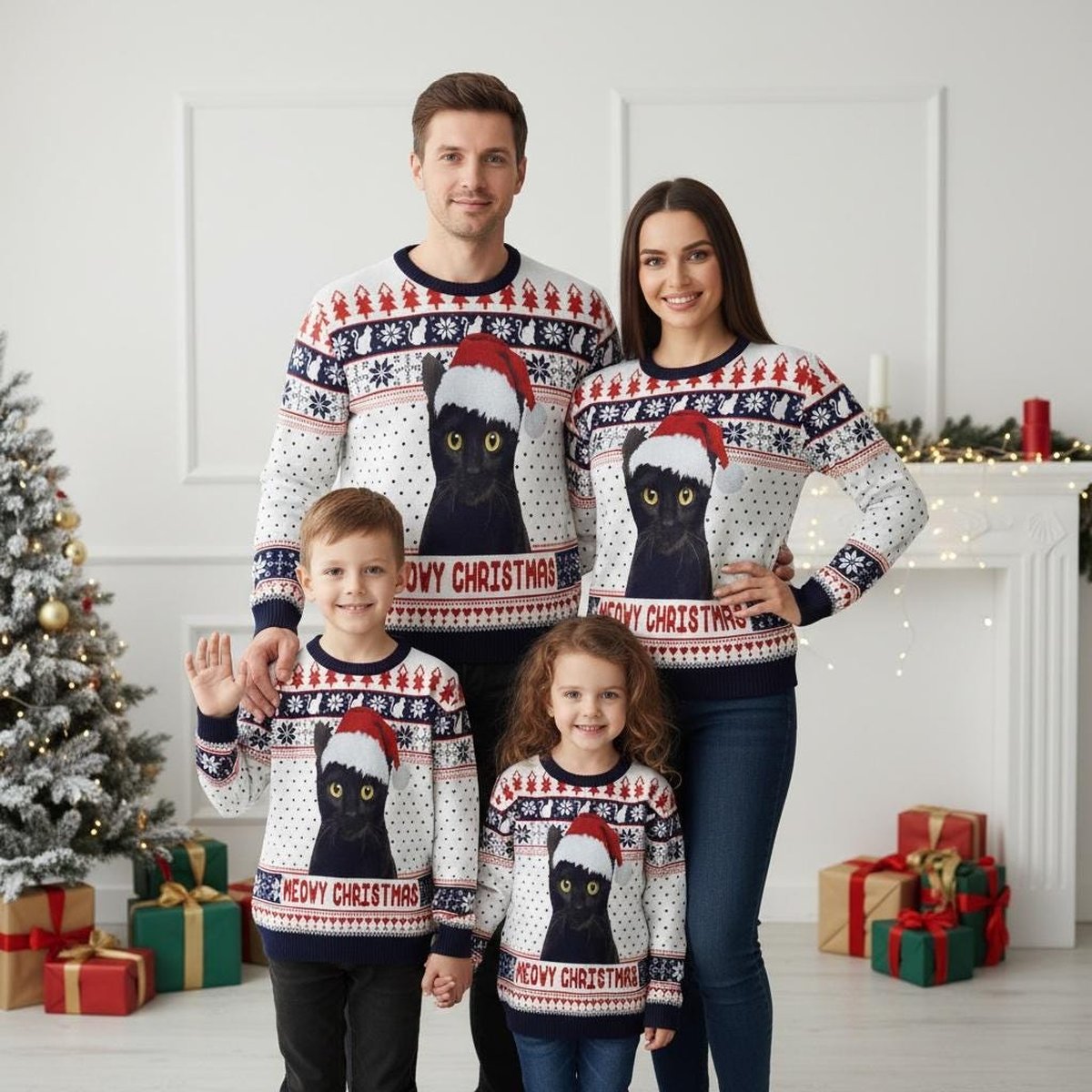 Black Cat Meowy Christmas White Ugly Christmas Sweater Holiday Knit Gift