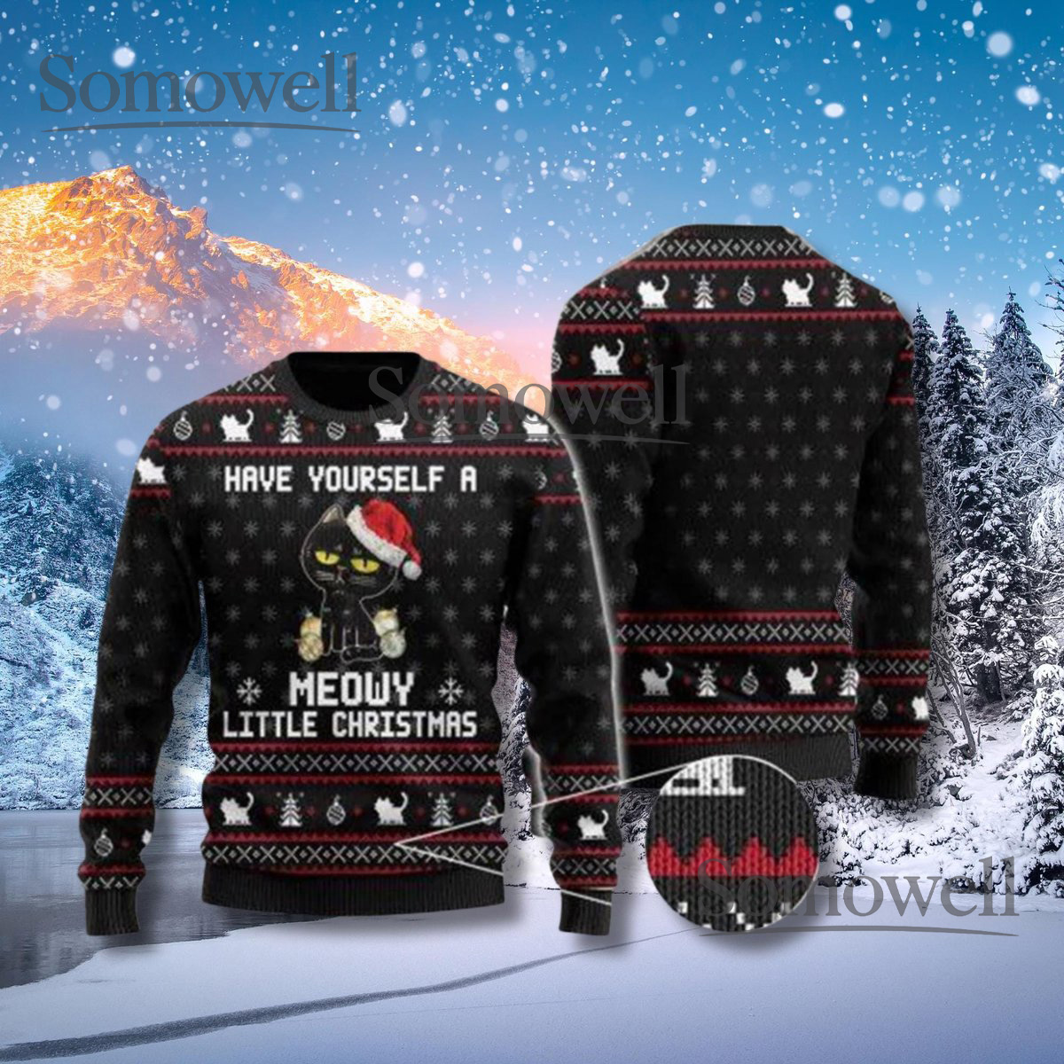 Meowy Little Christmas Cat Ugly Sweater Black Knit Unisex Holiday Pullover