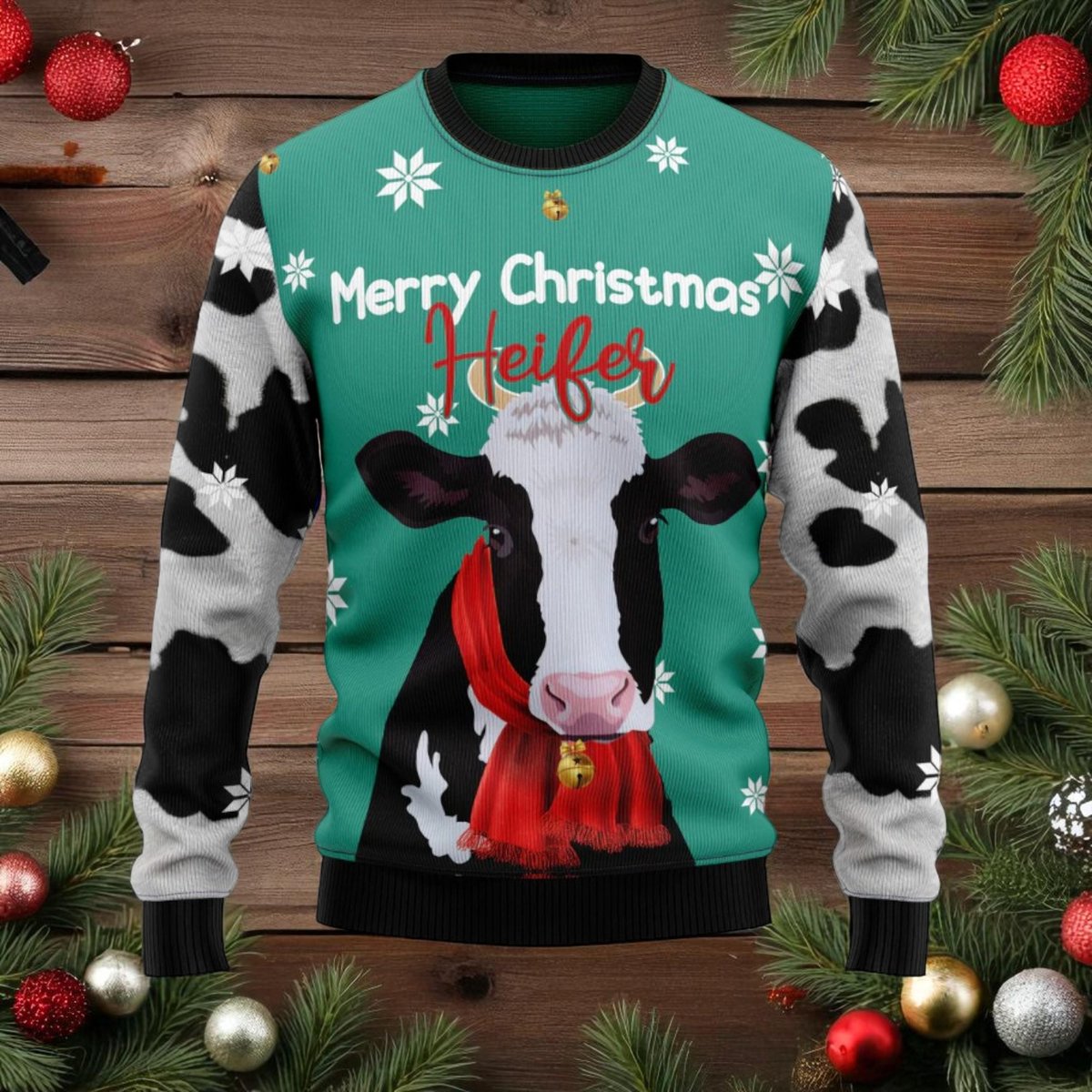 Merry Christmas Heifer Cow Green Ugly Christmas Sweater Funny Farm Animal Knit Jumper