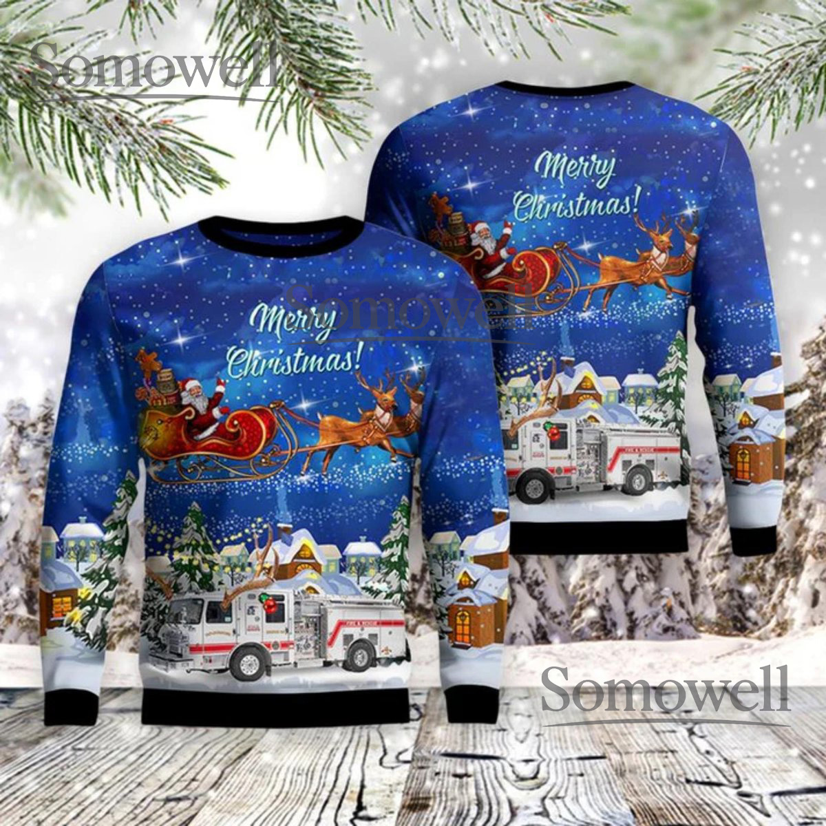 Fire Truck Merry Christmas Sweater Winter Village Scene Holiday Pullover