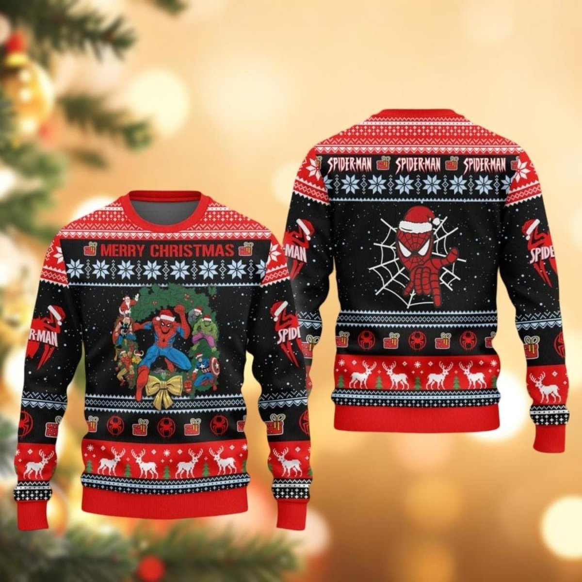 Spider Man Christmas Red Black Ugly Sweater Festive Reindeer Snowflake Holiday Knit Jumper