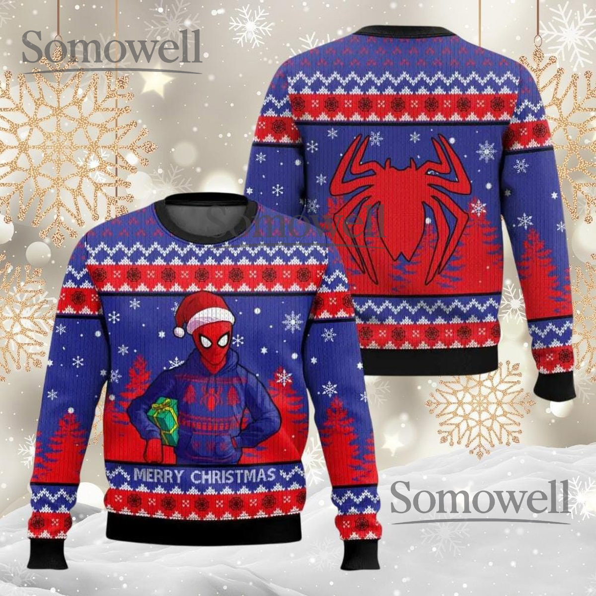 Spider Man Blue Red Ugly Christmas Sweater Funny Superhero Holiday Knit Jumper