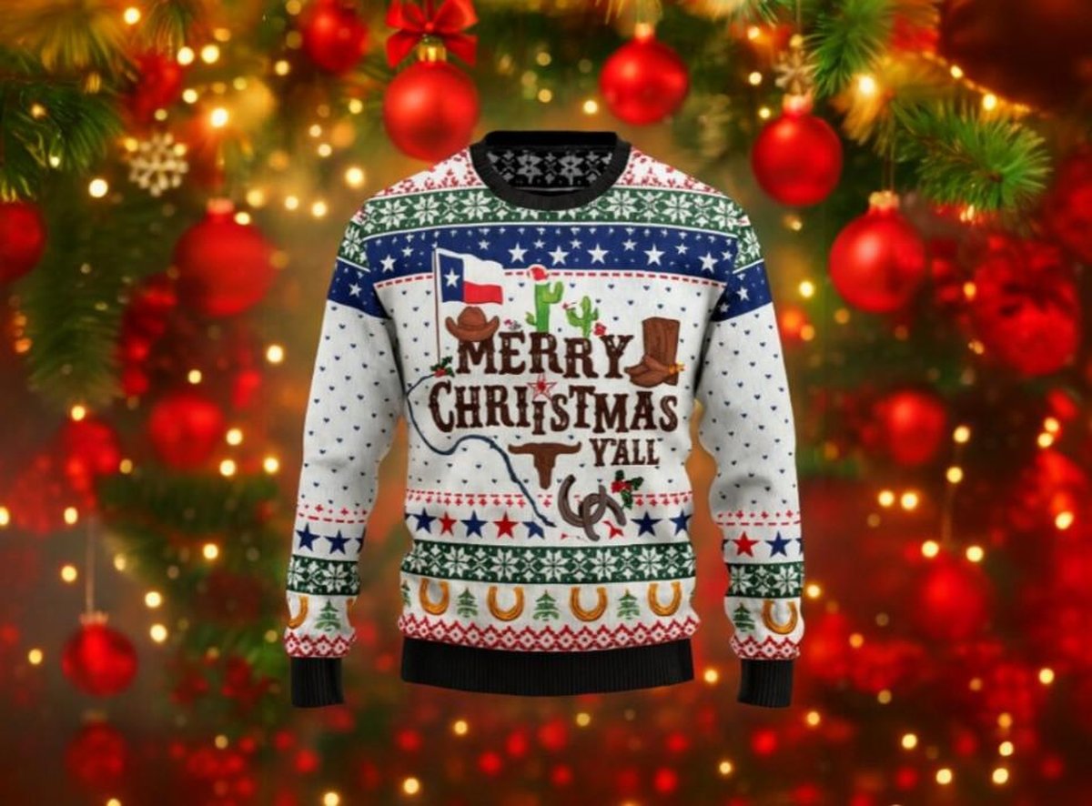 Merry Christmas Y’all Texas Western Ugly Christmas Sweater Cowboy Boot Holiday Knit Jumper
