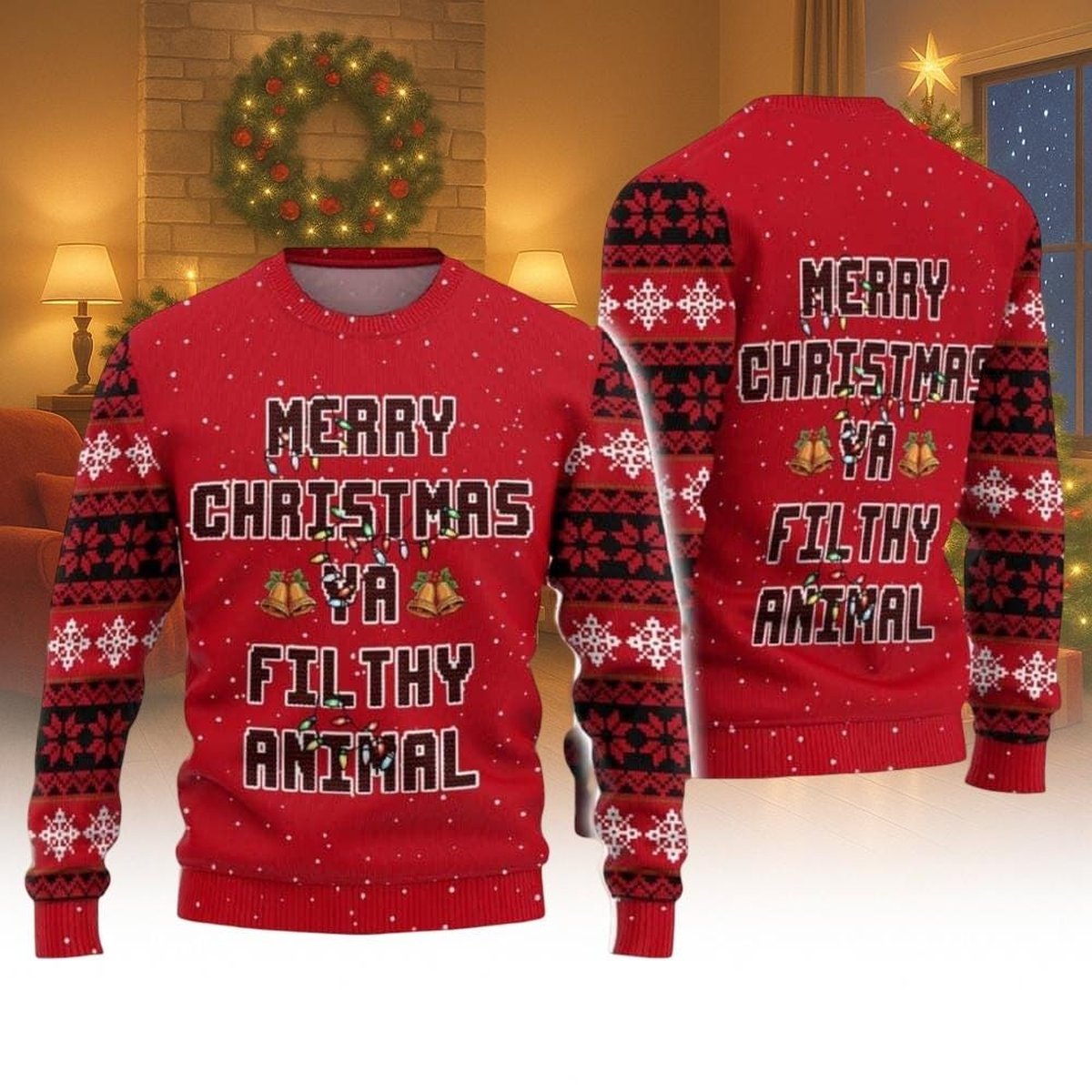 Merry Christmas Ya Filthy Animal Red Ugly Sweater Funny Holiday Knit Jumper