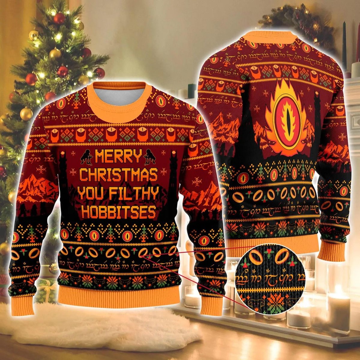 Lord Of The Rings Orange Christmas Ugly Sweater Merry Christmas You Filthy Hobbitses Knit Jumper