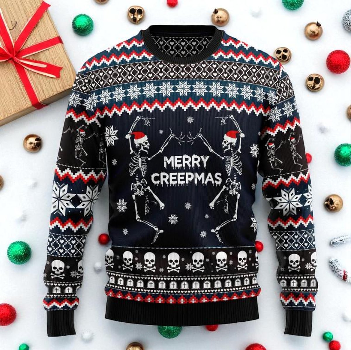 Merry Creepmas Skeleton Black Ugly Christmas Sweater Gothic Horror Holiday Knit Jumper