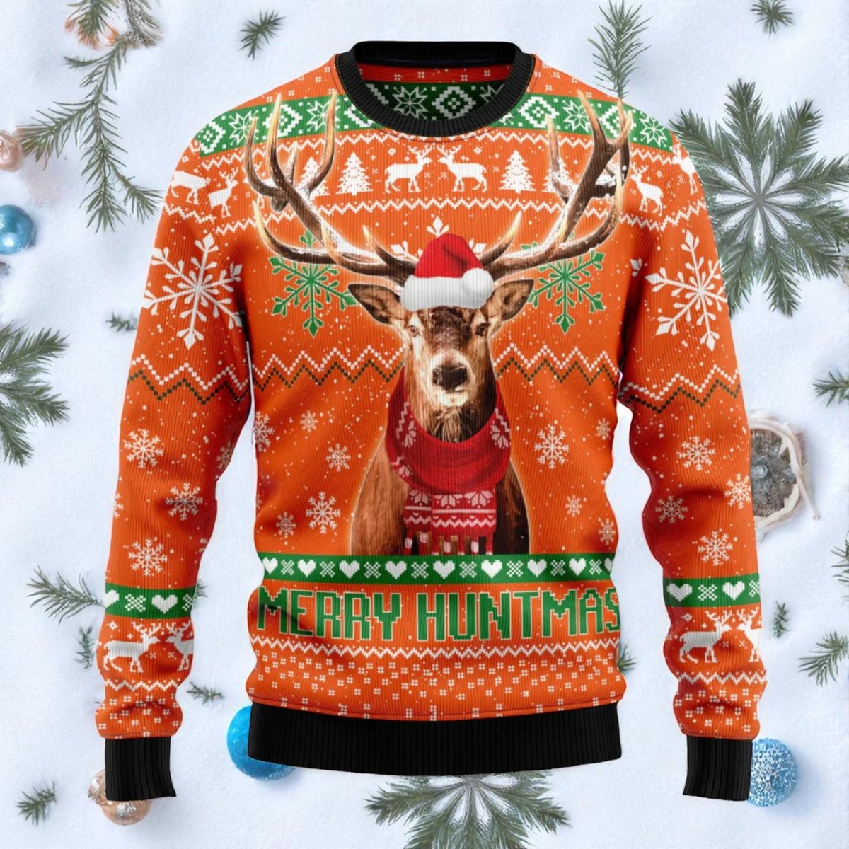 Merry Huntmas Deer Orange Ugly Christmas Sweater Hunter Reindeer Holiday Knit Jumper