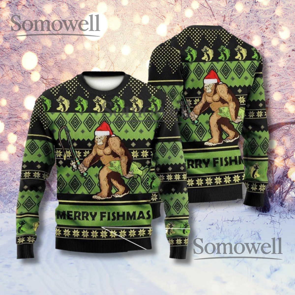 Merry Fishmas Bigfoot Fishing Ugly Christmas Sweater Unisex Holiday Jumper