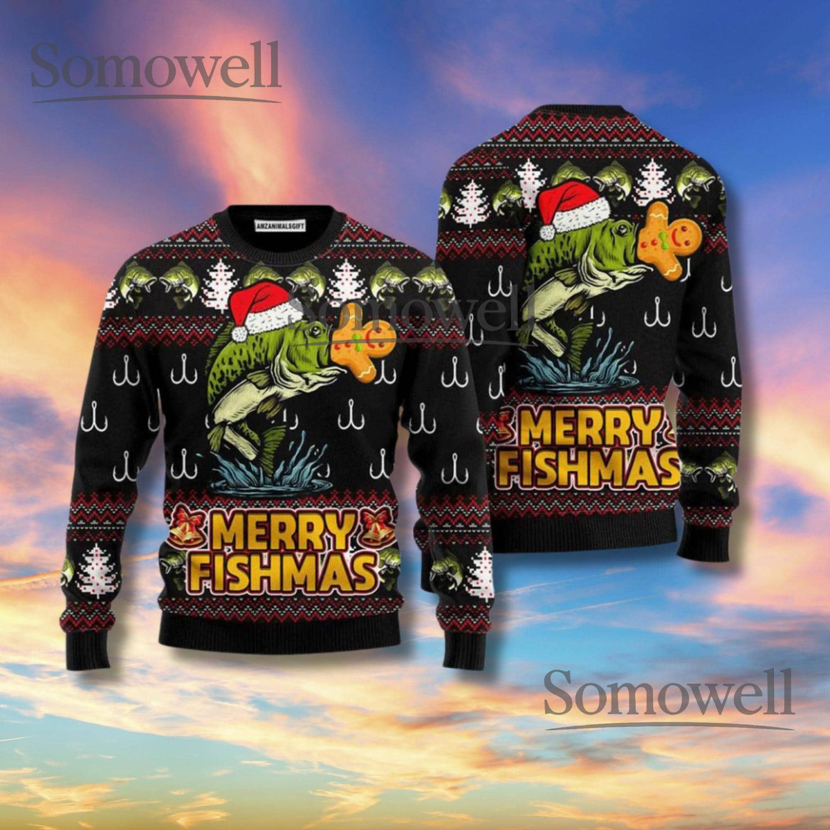 Merry Fishmas Fishing Christmas Sweater Bass Santa Hat Gingerbread Unisex Ugly Xmas Knit