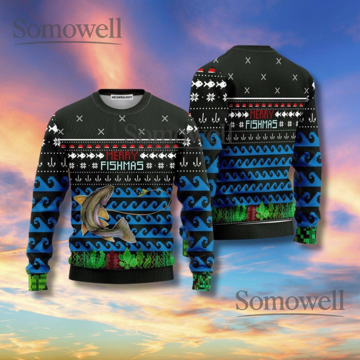 Merry Fishmas Fishing Christmas Sweater Waves Trout Unisex Ugly Xmas Knit