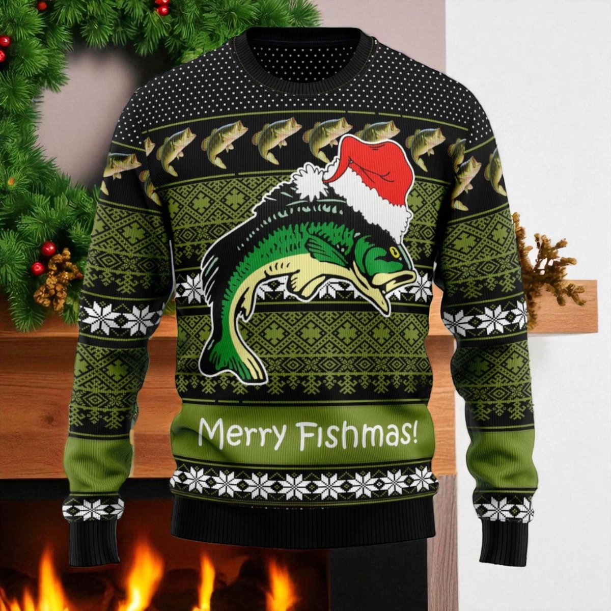 Merry Fishmas Green Bass Ugly Christmas Sweater Funny Fishing Holiday Knit Jumper