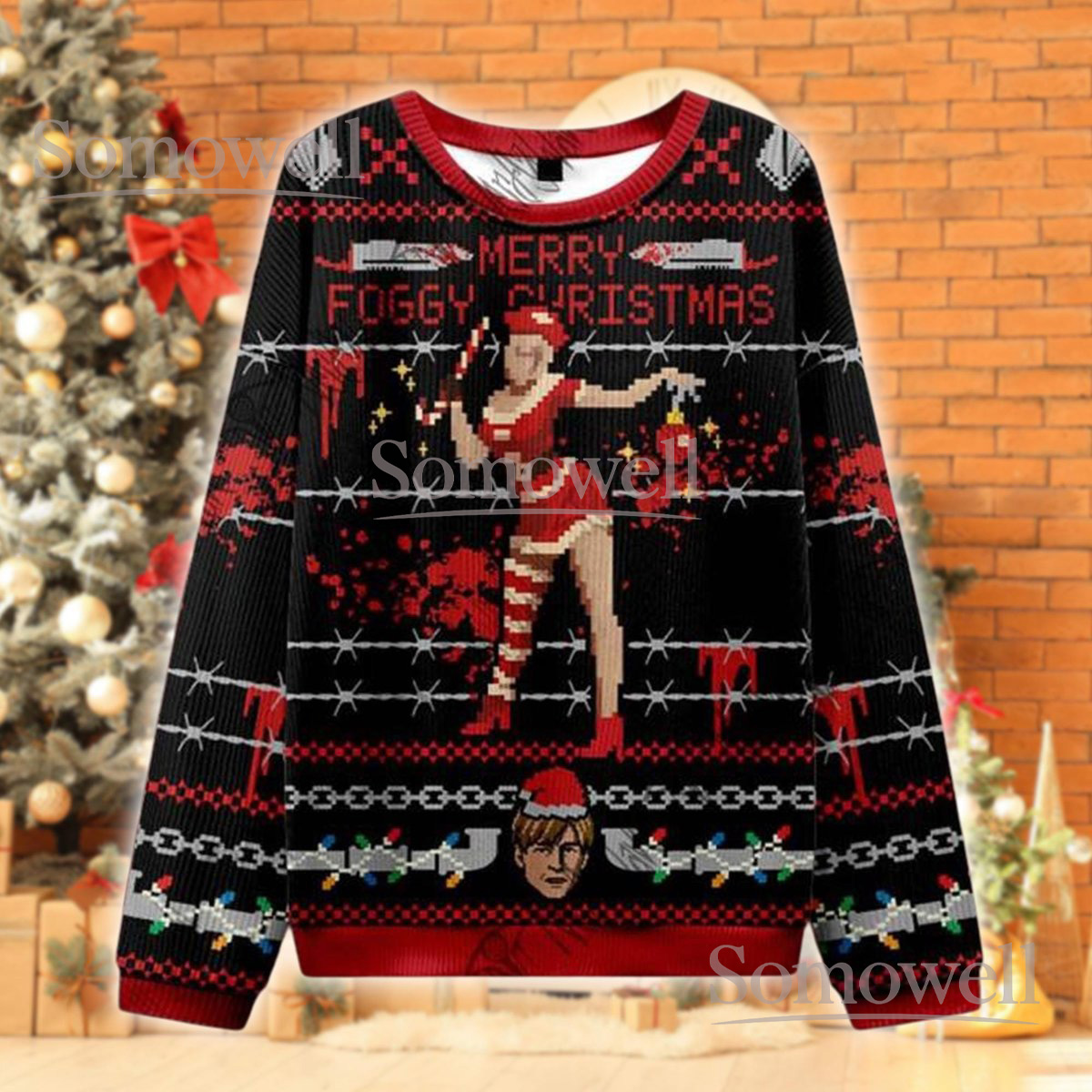 Merry Foggy Christmas Black Red Ugly Sweater Horror Game Bloody Holiday Knit Jumper