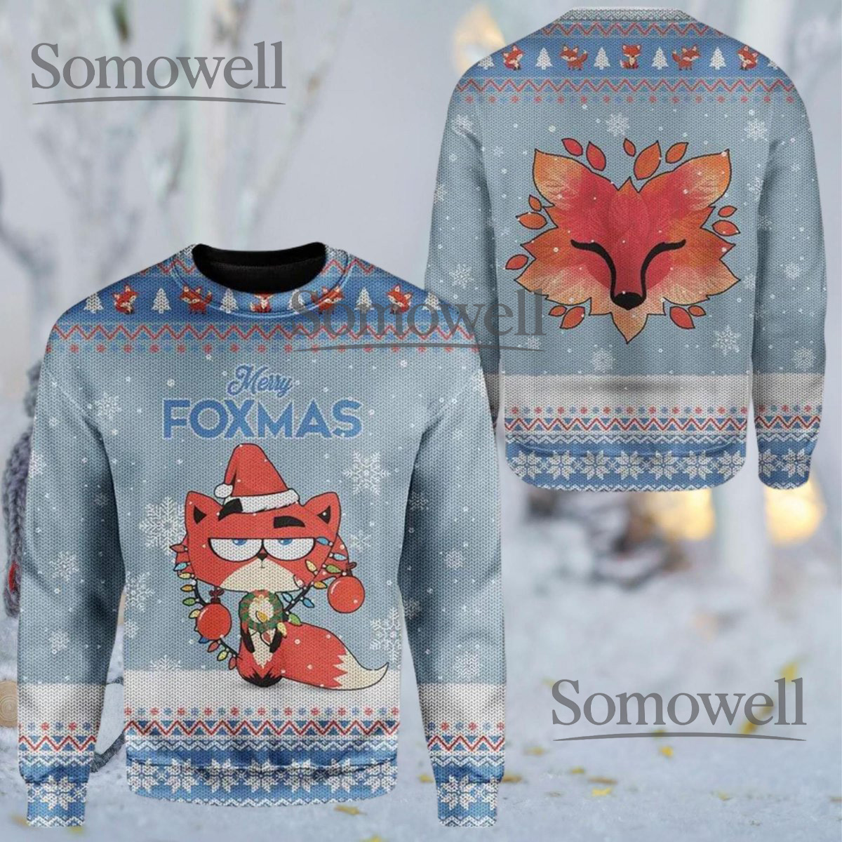 Merry Foxmas Blue Ugly Christmas Sweater Cute Fox Winter Holiday Knit Jumper