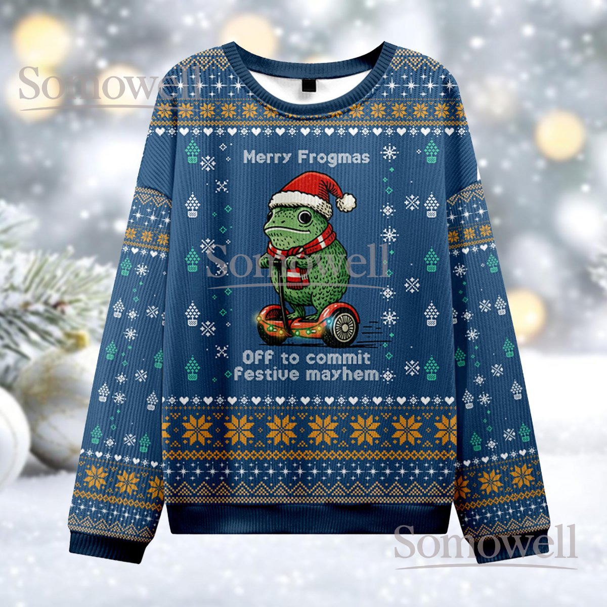 Merry Frogmas Off To Commit Festive Mayhem Blue Ugly Christmas Sweater Funny Frog Holiday Jumper