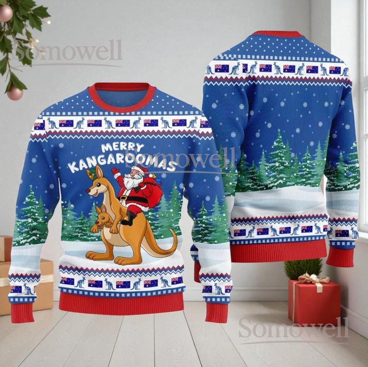 Kangaroo Santa Christmas Blue Ugly Sweater Funny Holiday Knit Jumper