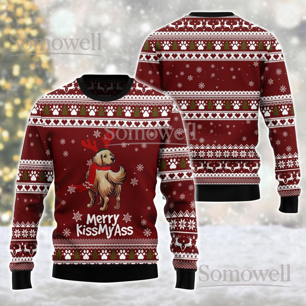 Merry Kiss My Ass Funny Dog Ugly Christmas Sweater Animal Lover Holiday Knit Jumper