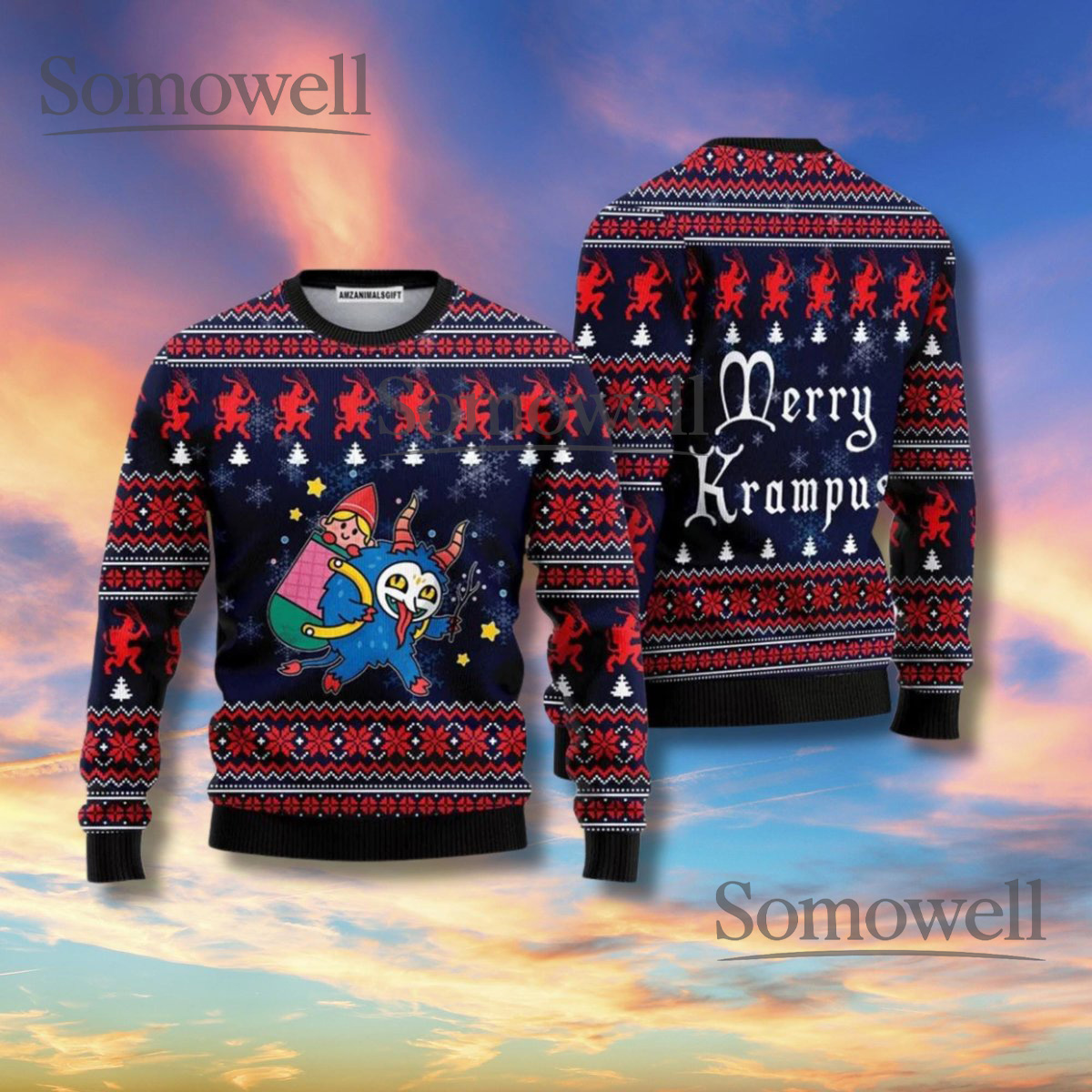 Merry Krampus Ugly Christmas Sweater Nordic Fair Isle Red Black Unisex Holiday Party Jumper