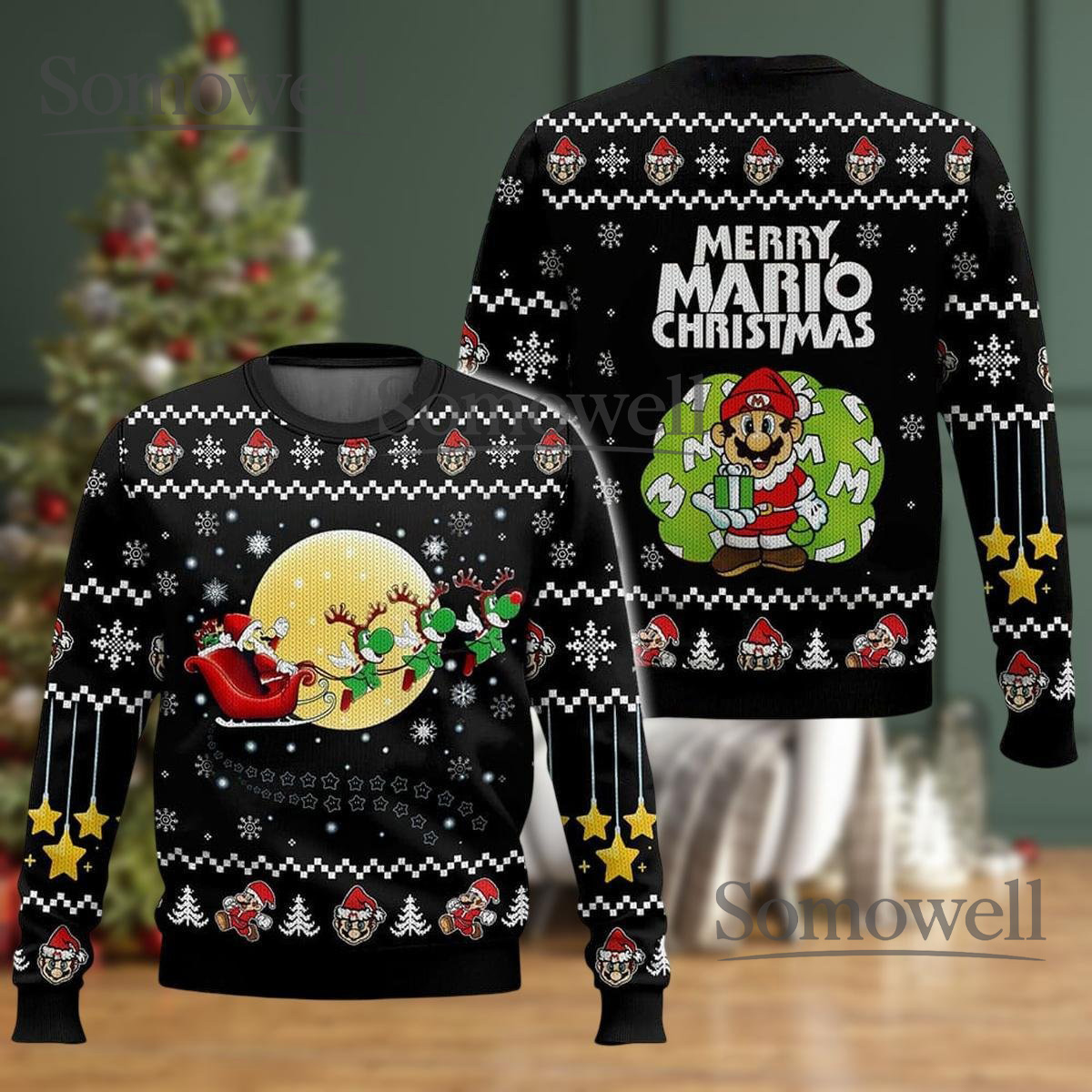 Merry Mario Christmas Super Mario And Yoshi Sleigh Ride Ugly Christmas Sweater Gift