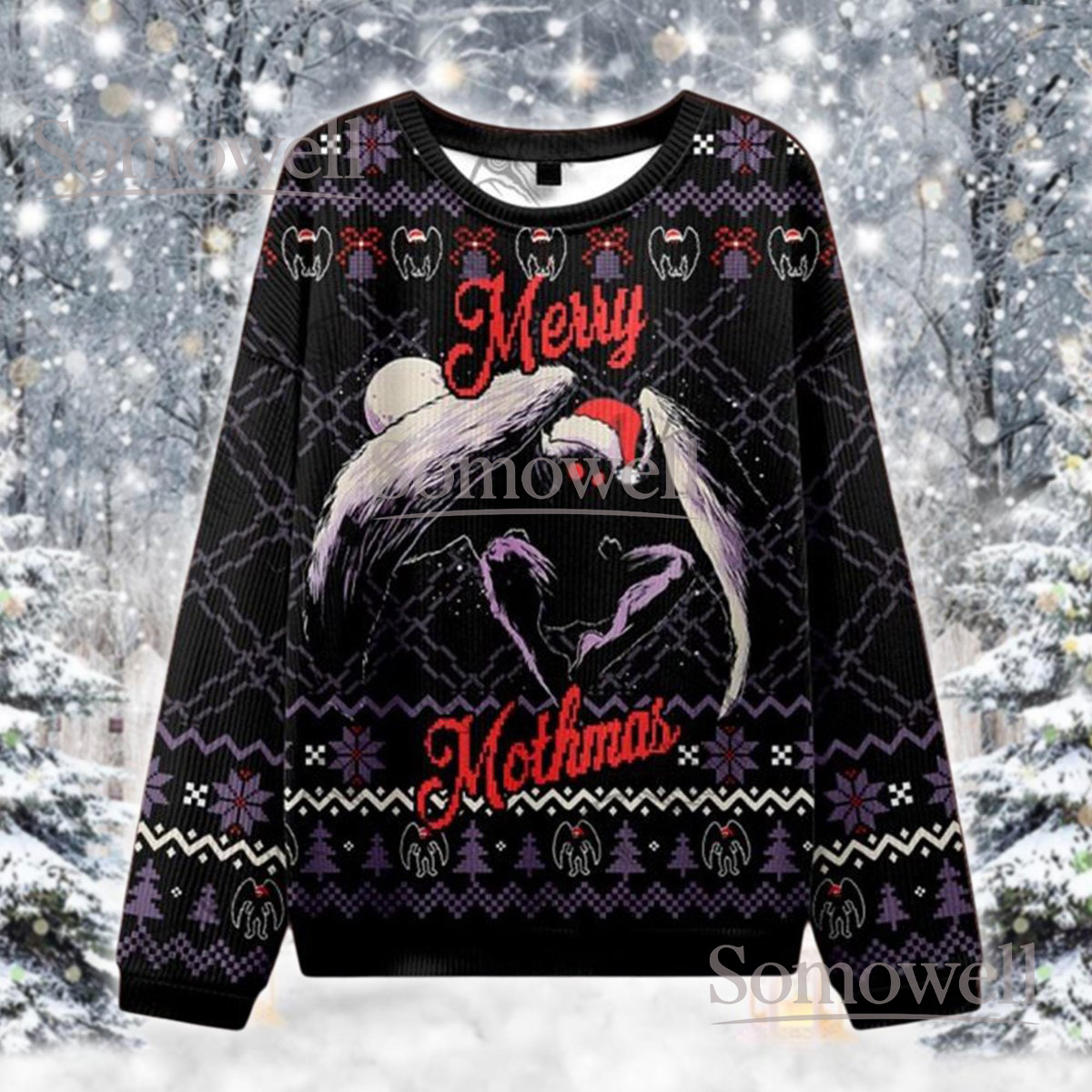 Merry Mothmas Black Purple Christmas Ugly Sweater Cryptid Mothman Horror Knit Jumper