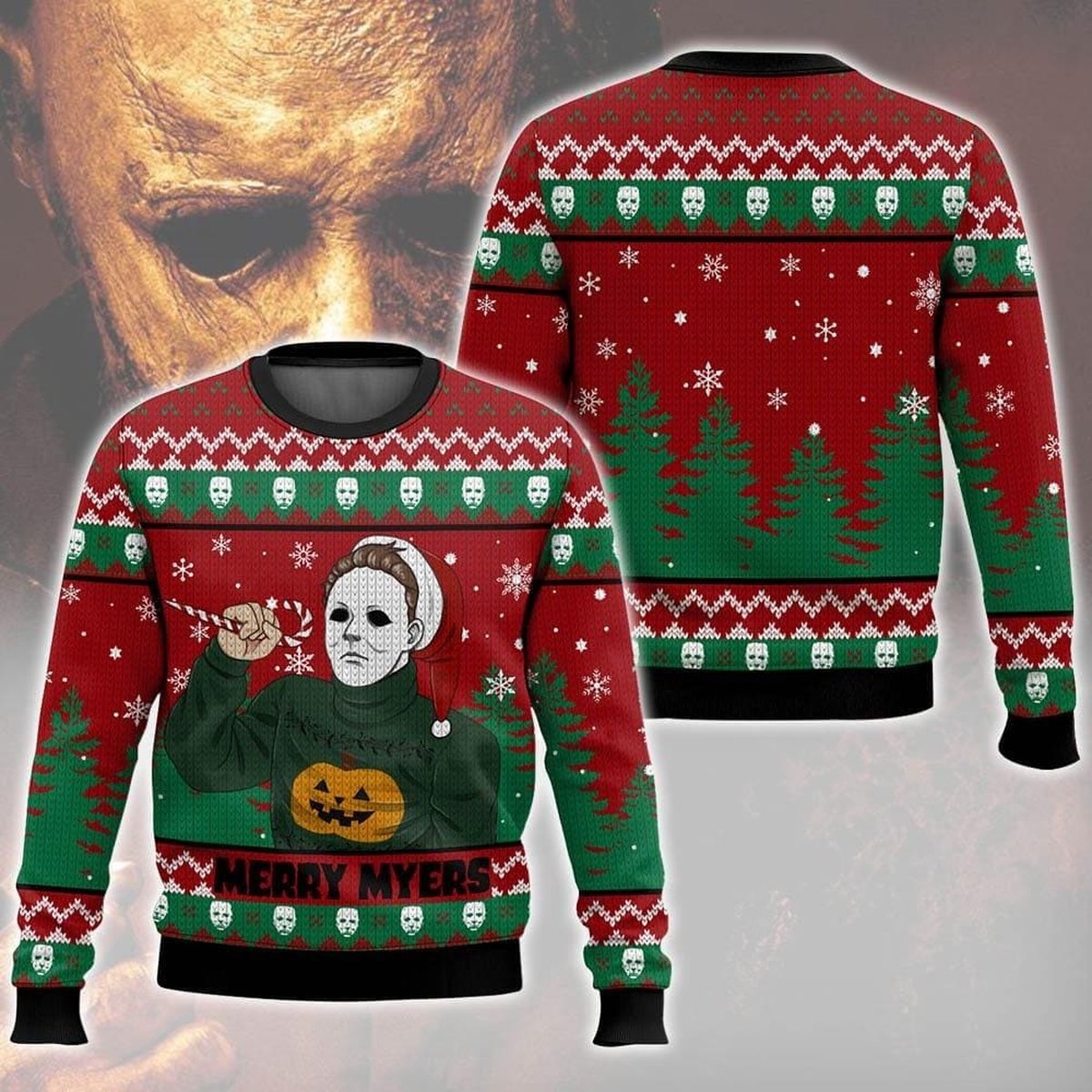 Merry Myers Ugly Christmas Sweater Funny Horror Movie Halloween Crossover Holiday Gift