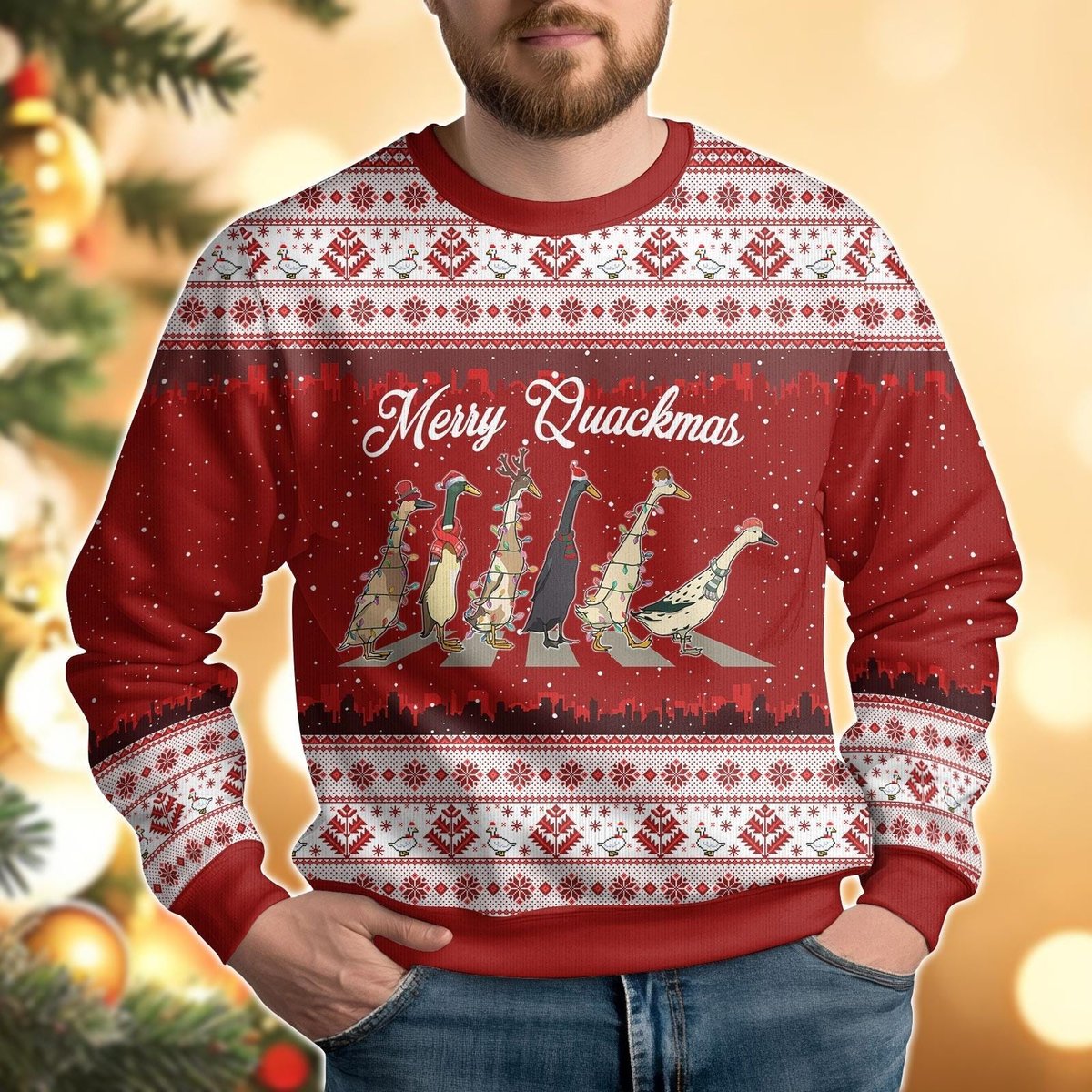 Merry Quackmas Christmas Red Ugly Sweater Duck Parade Lights Holiday Fun Knit Jumper