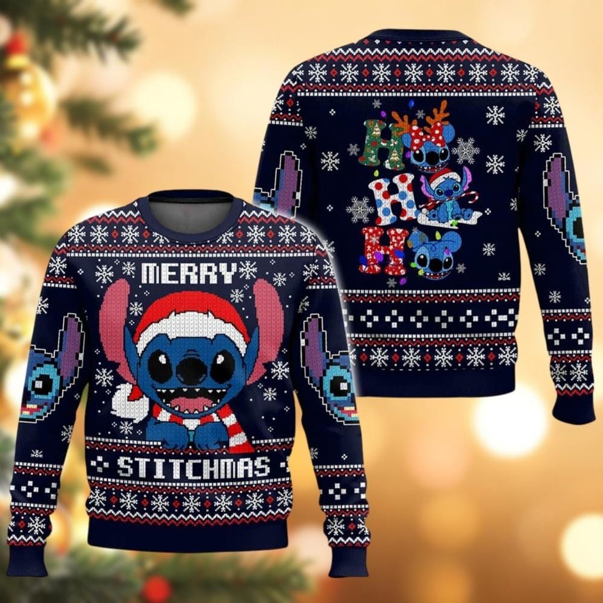 Stitch Merry Stitchmas Christmas Blue Ugly Sweater Pixel Art Snow Holiday Knit Jumper