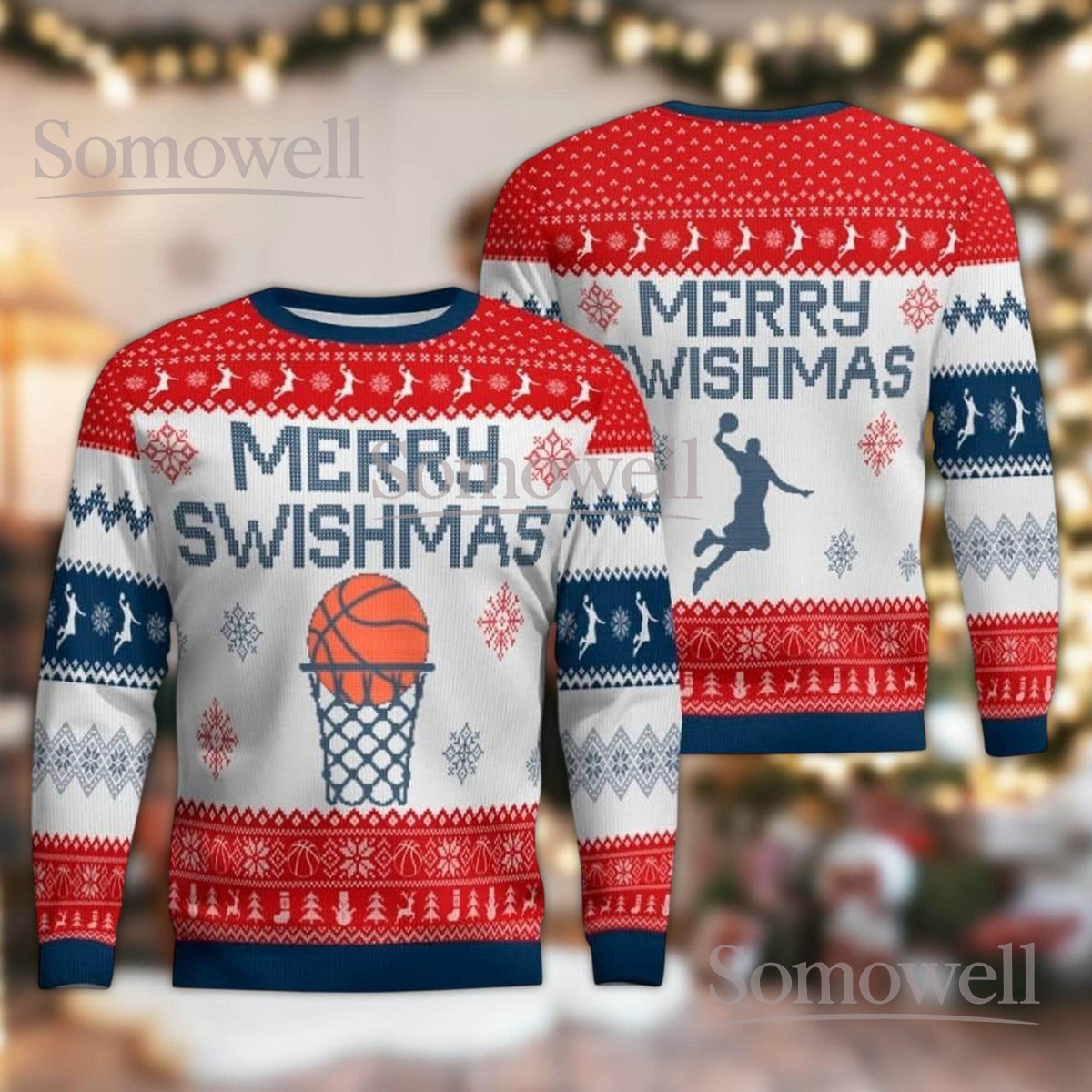 Merry Swishmas Basketball Lover Ugly Christmas Sweater Funny Sports Holiday Knit Jumper