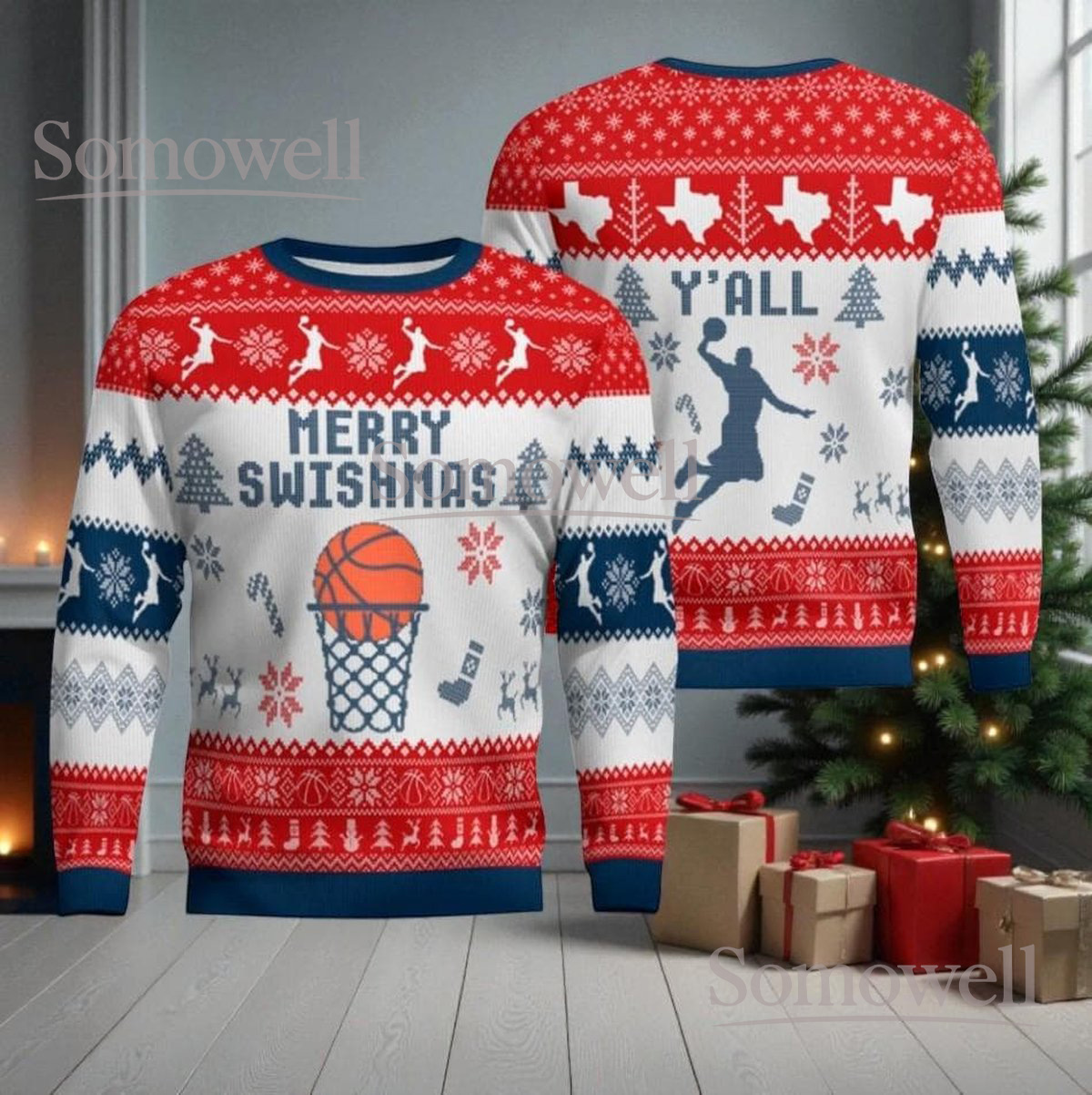 Basketball Swishmas Christmas White Ugly Sweater Sport Holiday Knit Jumper