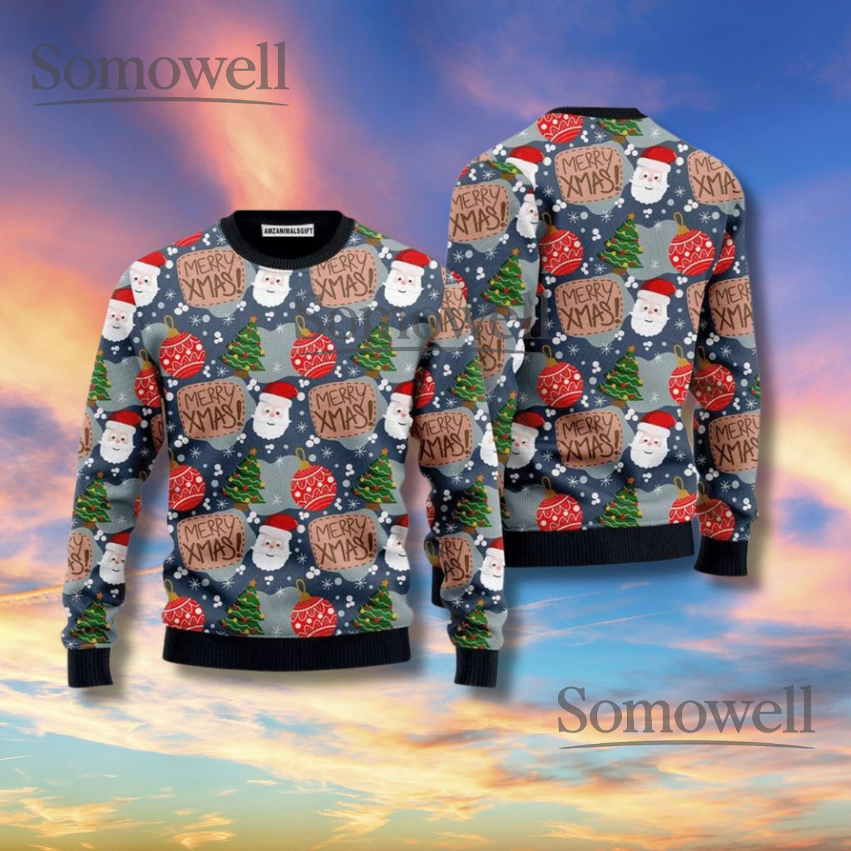 Merry Xmas Pattern Christmas Sweater Santa Tree Festive Holiday Knit